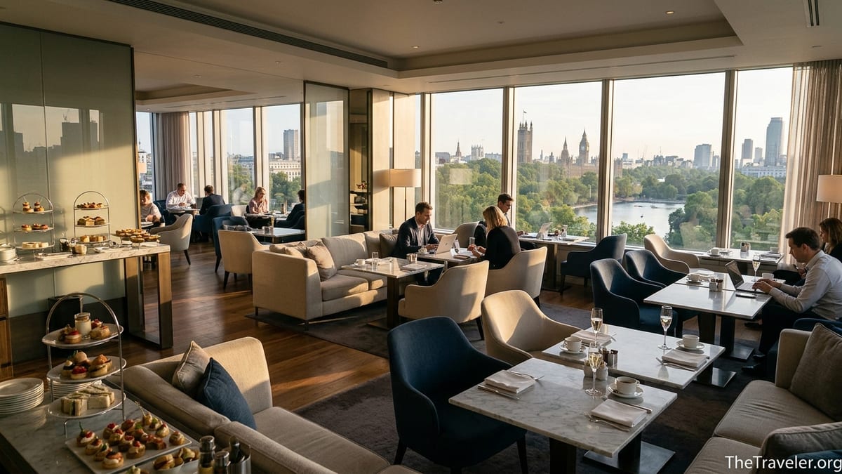 Club InterContinental lounge with guests working and relaxing at sunset overlooking a city skyline.