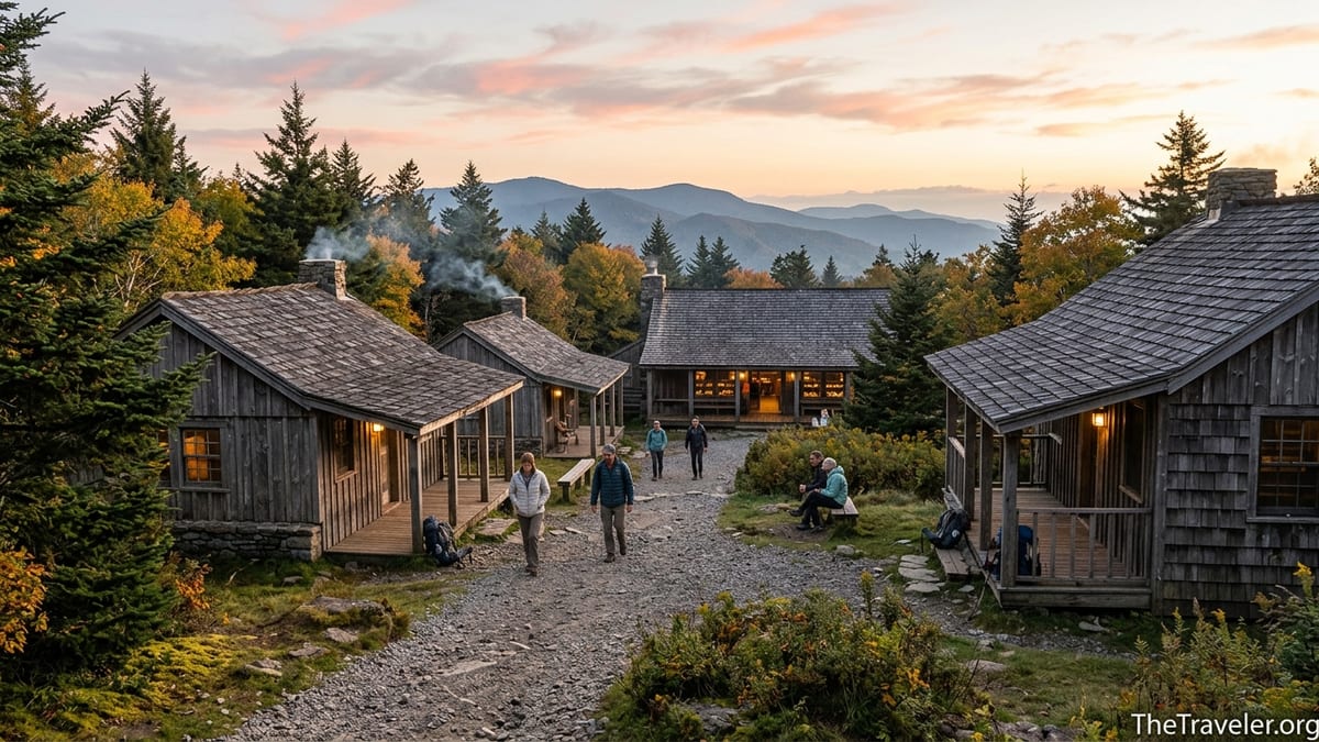 Rustic LeConte Lodge cabins and dining hall atop Mount LeConte at sunset in the Smoky Mountains.