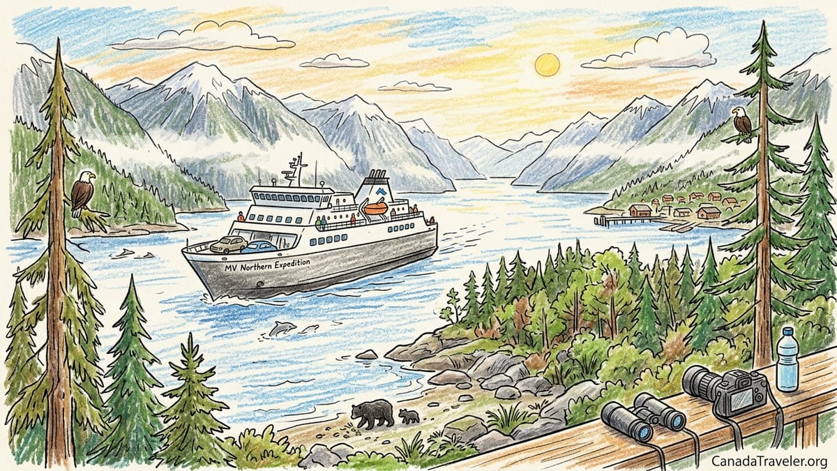 BC Ferries ship sailing the Inside Passage between forested mountains under overcast summer light.