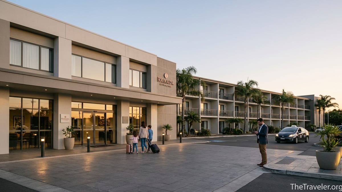 Exterior of a Ramada hotel at sunset with guests arriving, showing both city and resort-style wings.
