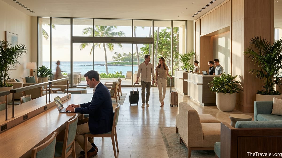 Upscale Hyatt lobby with a business traveler working and a couple heading toward a beachfront view.