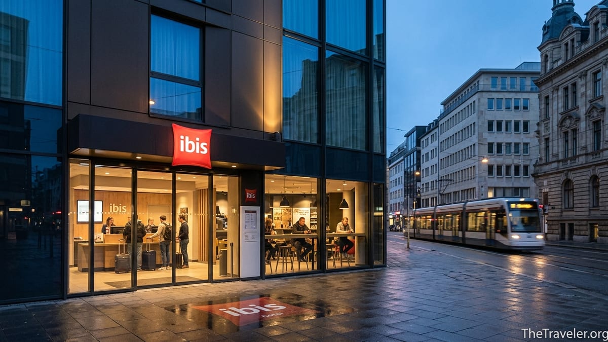 Evening street view of an Ibis hotel facade glowing beside a busy European city sidewalk.