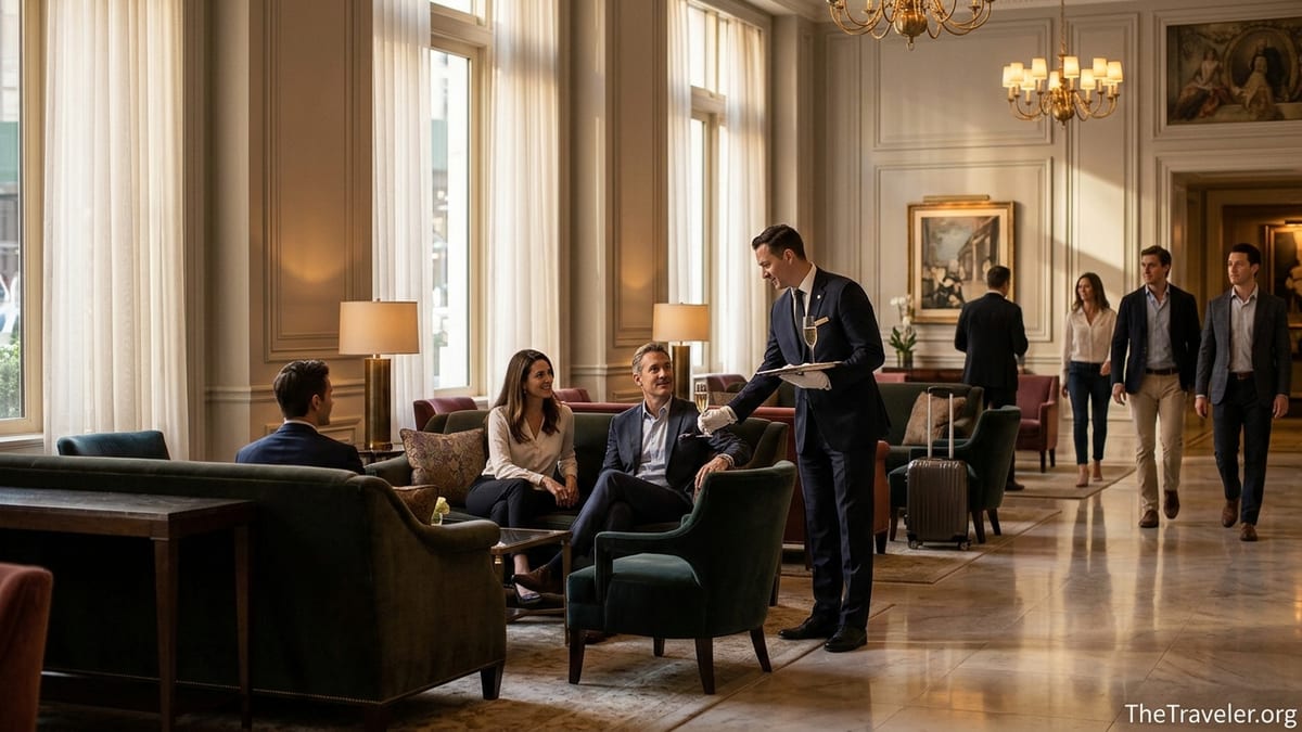 St. Regis lobby with a butler serving Champagne to guests in an elegant marble hall.