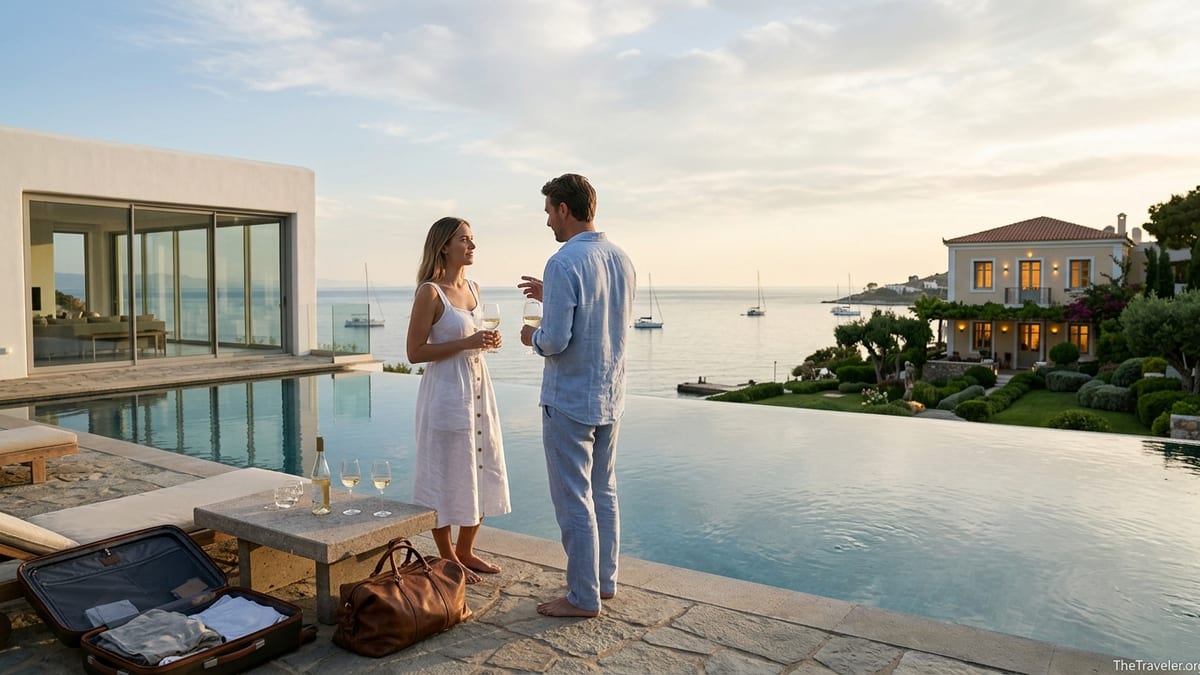Couple on a seaside villa terrace at sunset overlooking luxury homes and the ocean.