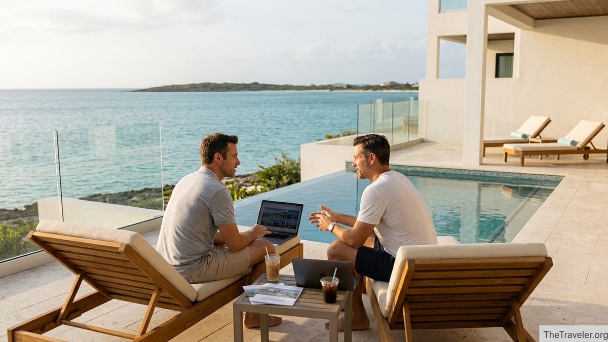 Couple on a villa terrace at sunset reviewing a luxury travel membership overlooking a calm tropical sea.