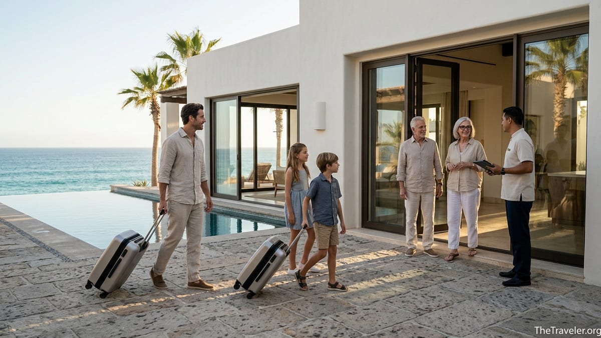 Family arriving at a modern oceanfront luxury villa at sunset with concierge greeting them.