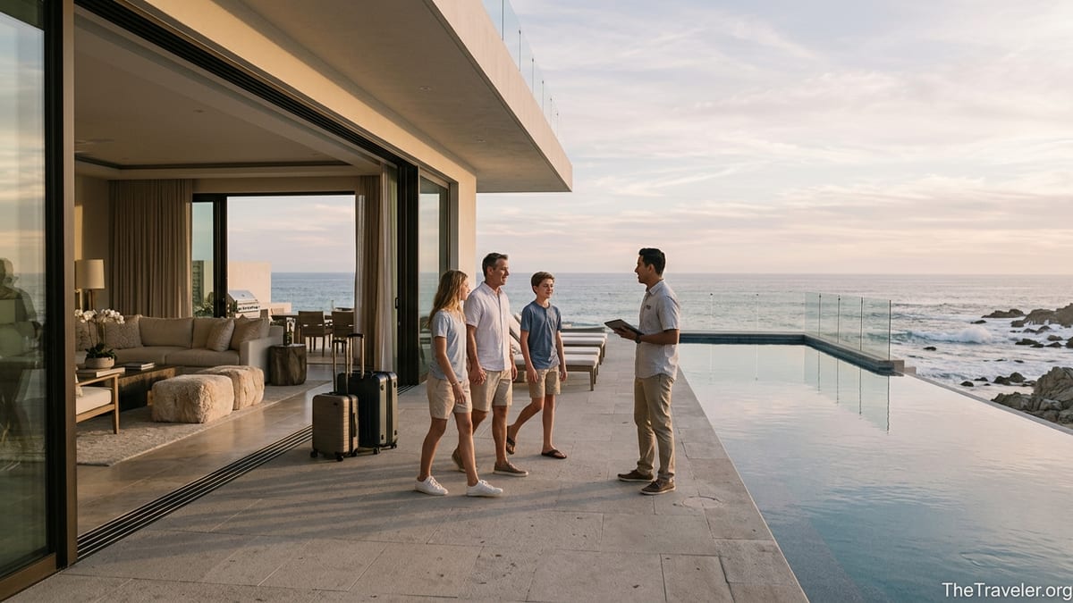 Family arriving at a luxury oceanfront villa with concierge greeting them at sunset.