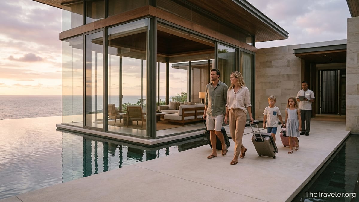 Family arriving at a modern oceanfront villa at sunset with concierge greeting them.