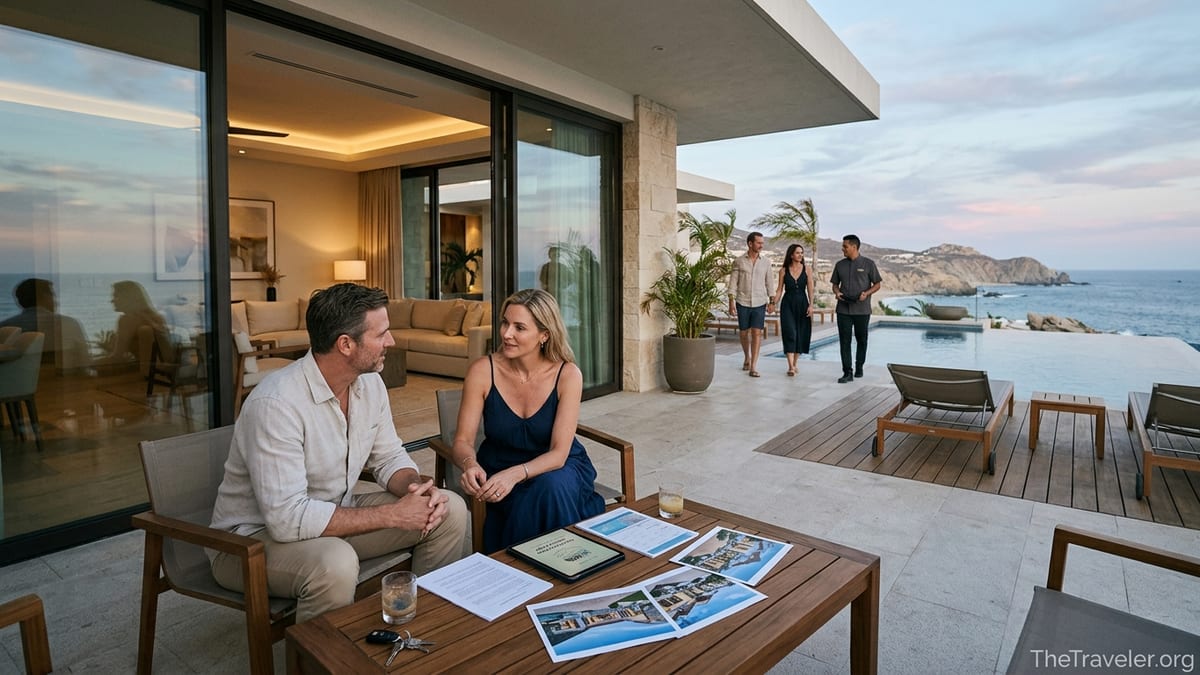 Couple reviewing luxury travel club options on a tablet at an oceanfront villa terrace at sunset.