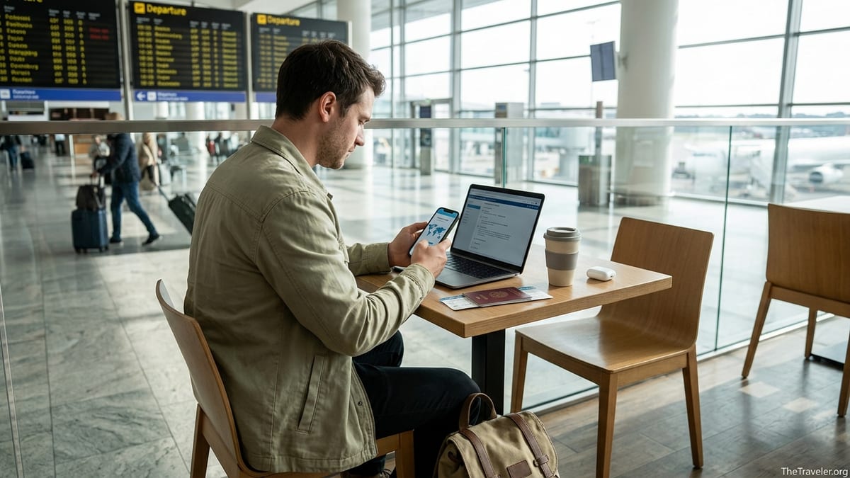 Traveler in an airport café using a smartphone for eSIM connectivity while planning a trip.