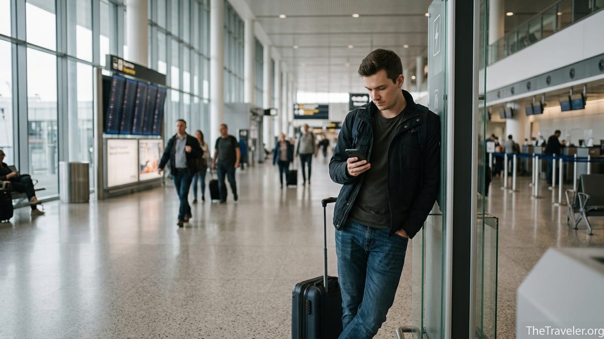 Traveler in an airport checking a travel eSIM app on their smartphone