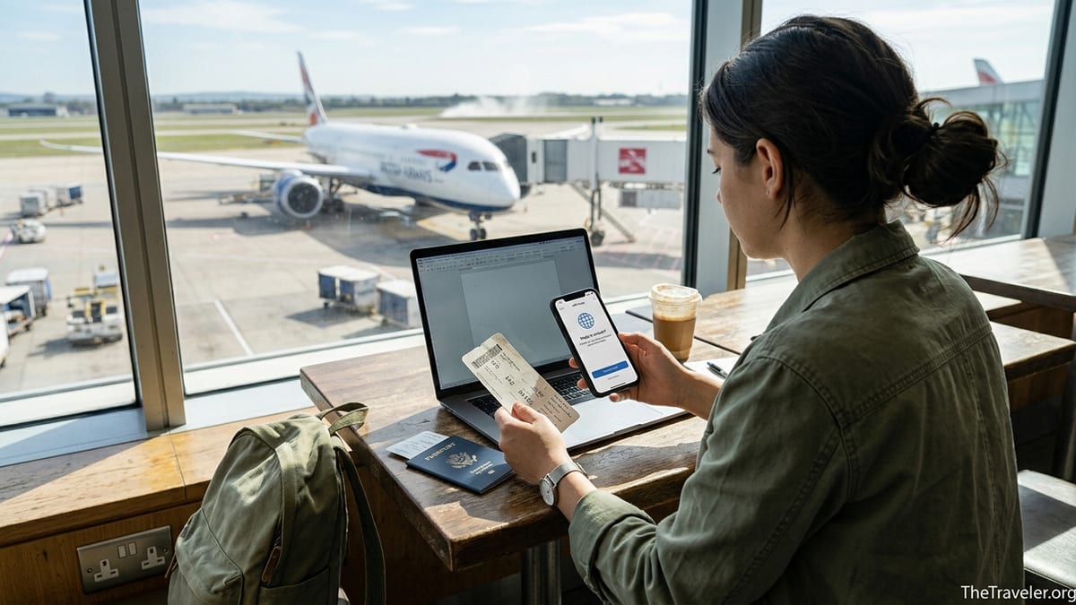 Traveler in an airport setting up an eSIM on a smartphone before a flight.