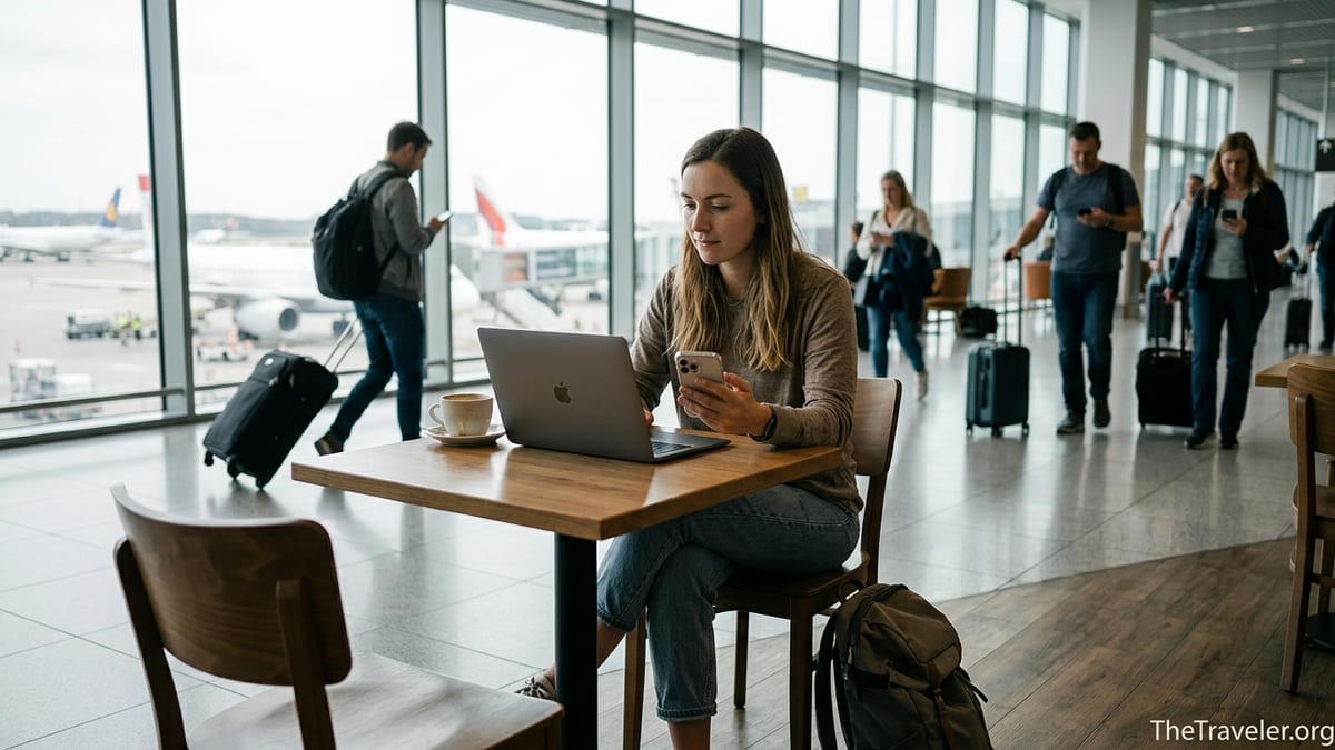 Traveler in airport cafe comparing eSIM options on smartphone and laptop.