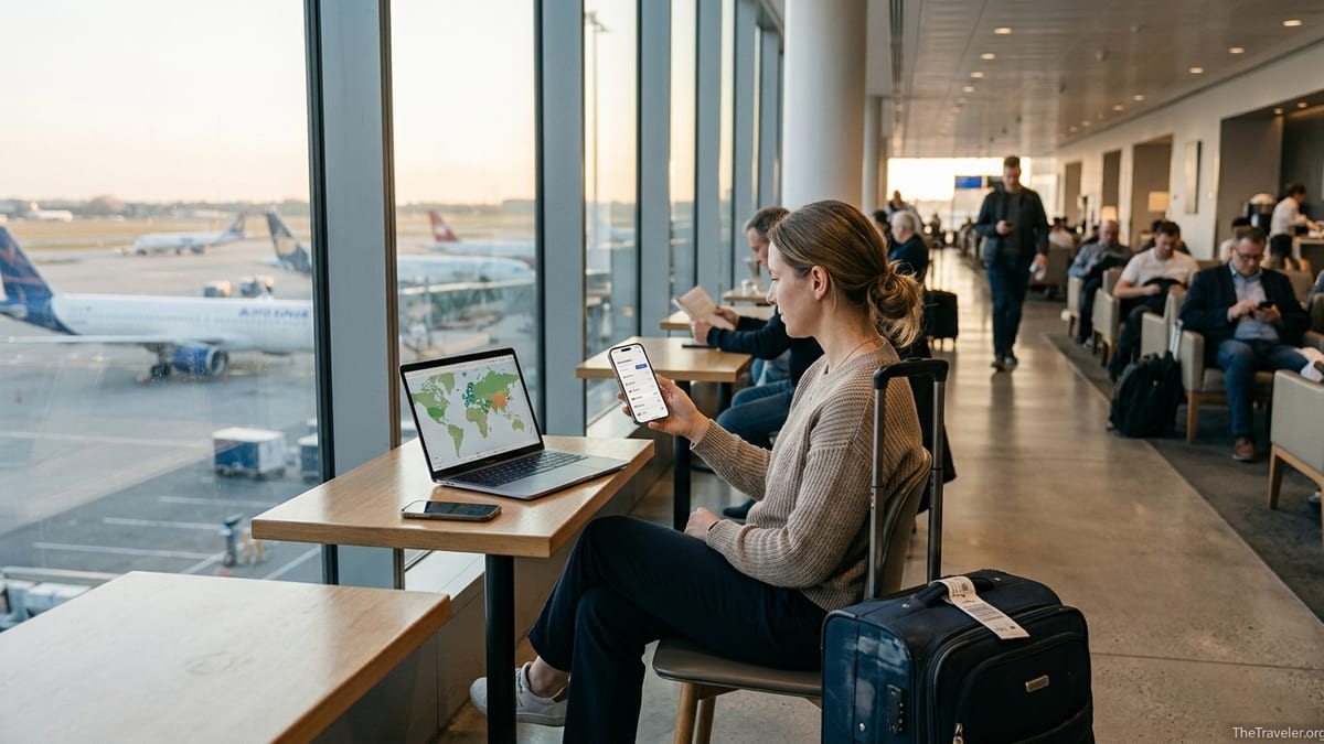 Traveler in an airport lounge comparing Instabridge eSIM with other travel eSIM providers on a smartphone.
