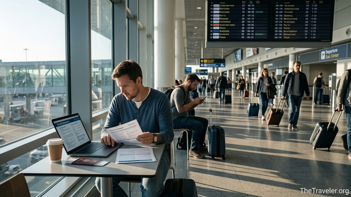 Traveler comparing online travel insurance options on a laptop in an airport departure hall.