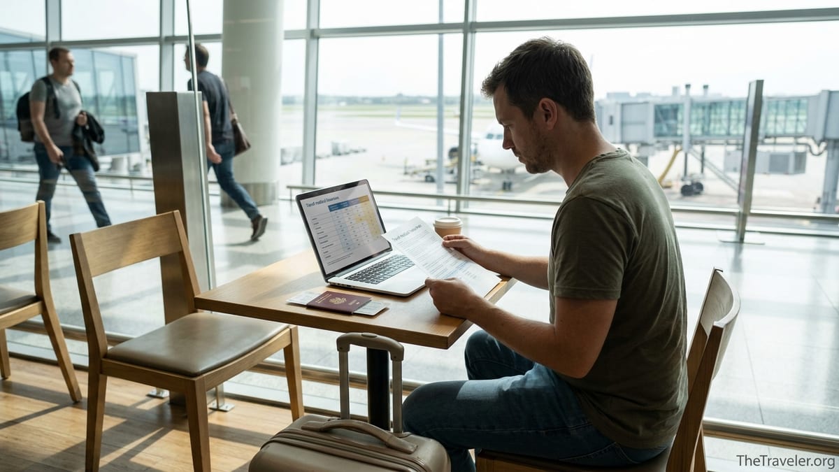 Traveler in an airport lounge calmly reviewing travel medical insurance on a laptop.