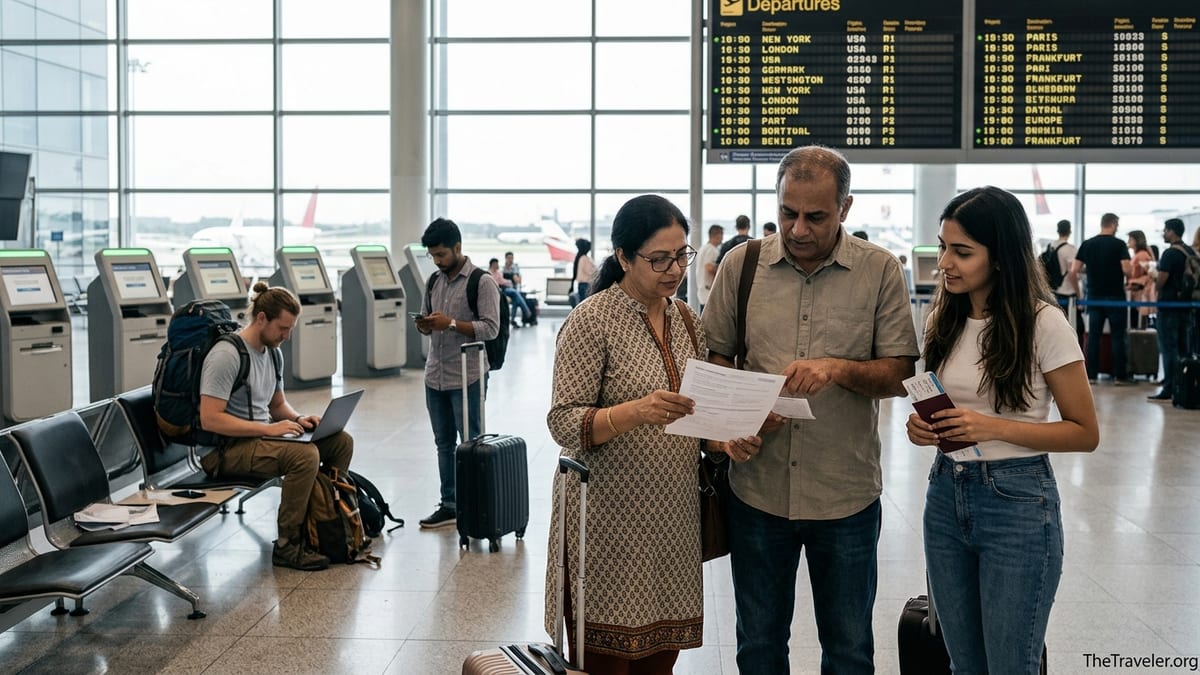Travelers at an international airport reviewing travel insurance documents before departure.