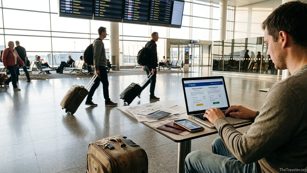 Traveler comparing travel insurance options on a laptop in a busy airport terminal.