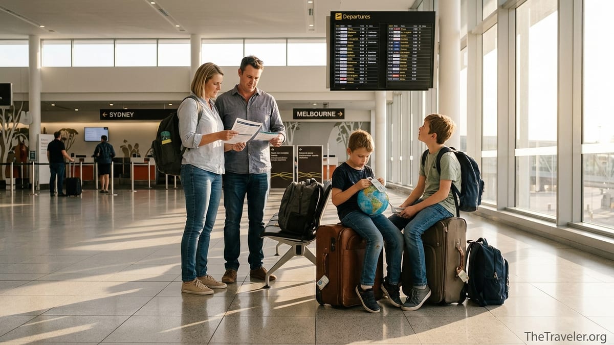 Australian family checking travel insurance documents at an airport before an overseas trip