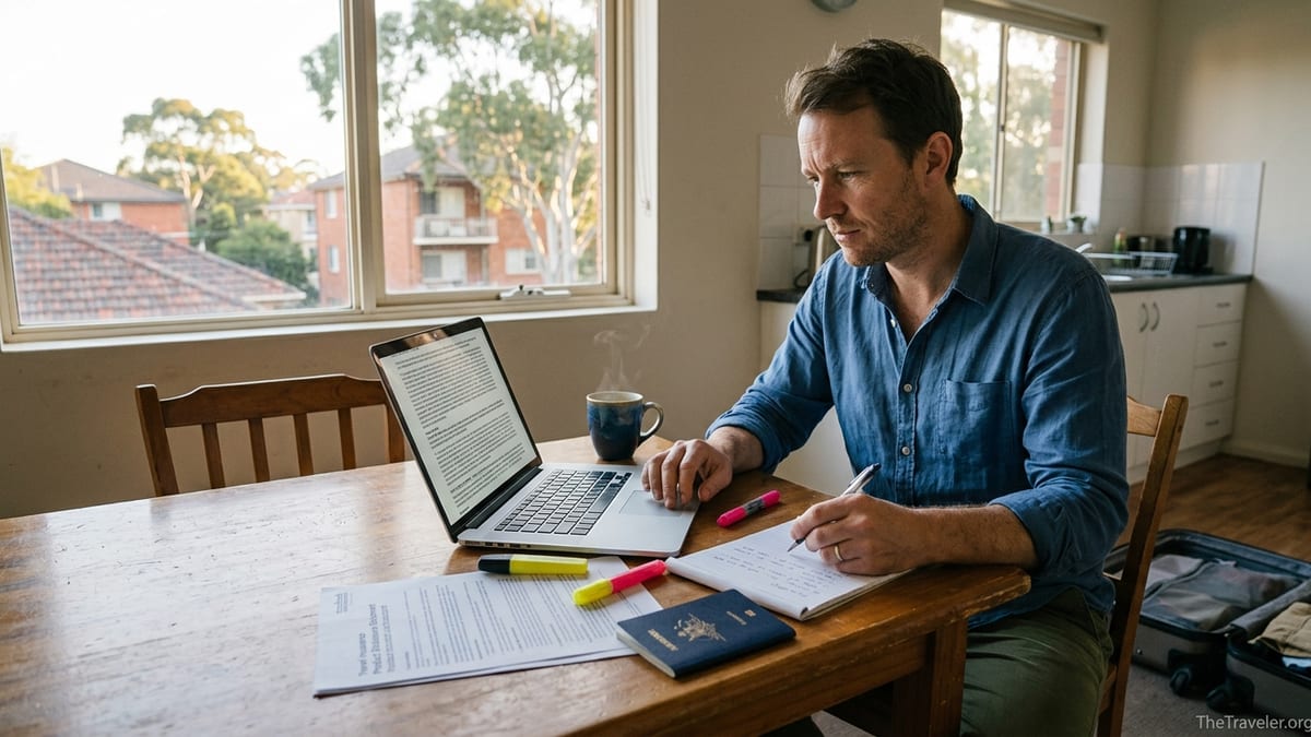 Australian traveller reviewing detailed travel insurance documents beside an open suitcase at a sunlit kitchen table.