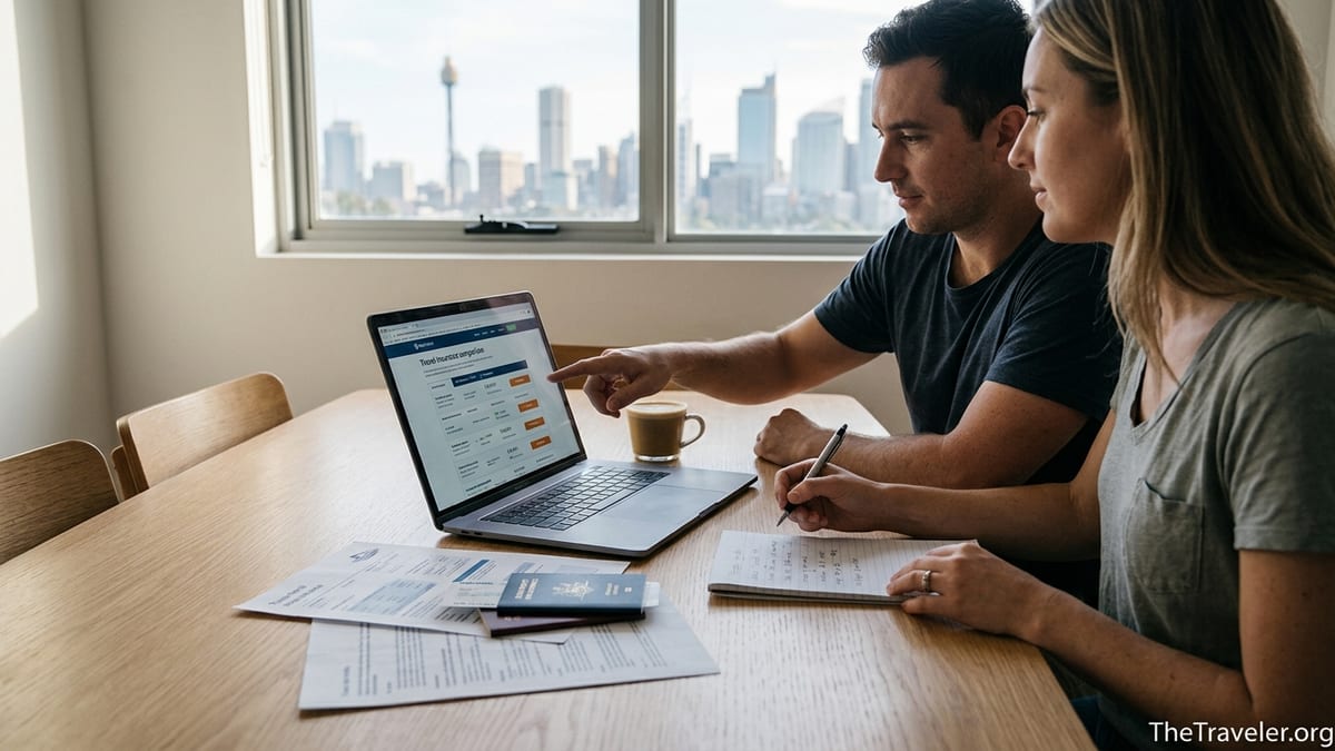 Couple in Australia reviewing travel insurance details on a laptop at home.