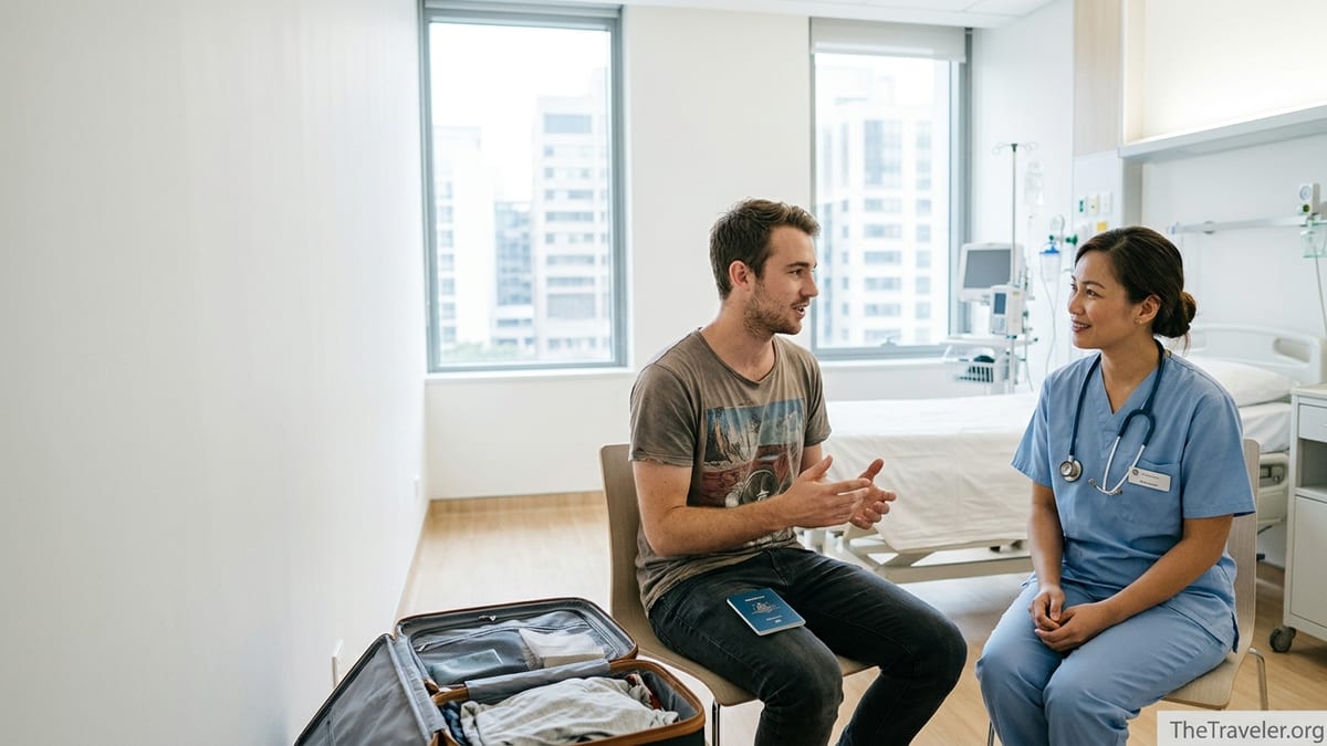 Australian traveller talking with a nurse in a modern overseas hospital room beside an open suitcase.