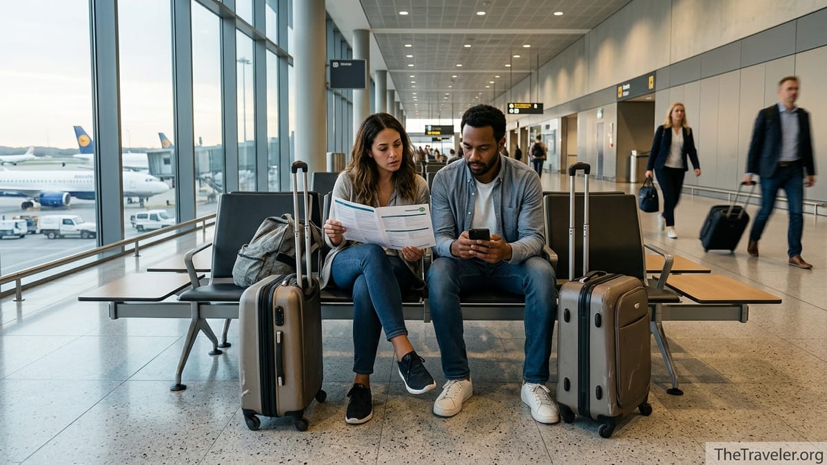 Travellers in an airport reviewing printed travel insurance documents before departure.