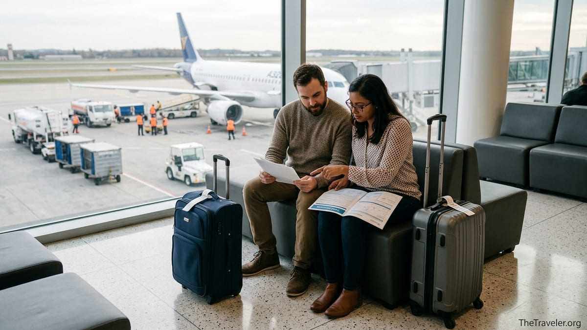 Travelers at an airport reviewing travel insurance documents near large windows.