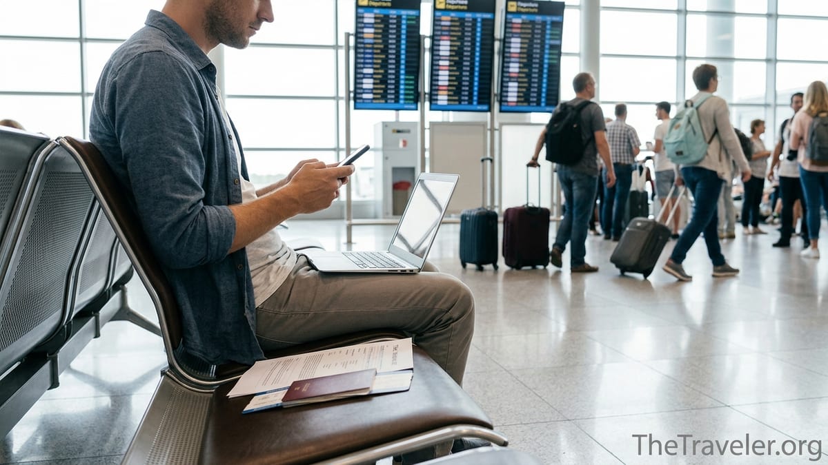 Traveler in airport terminal reviewing travel insurance documents before a flight.