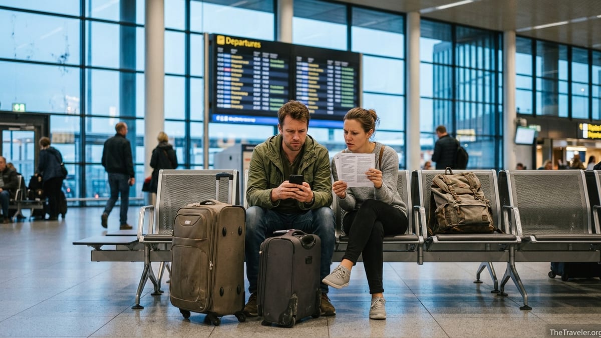 Traveller couple in an airport reviewing confusing travel insurance on a phone.
