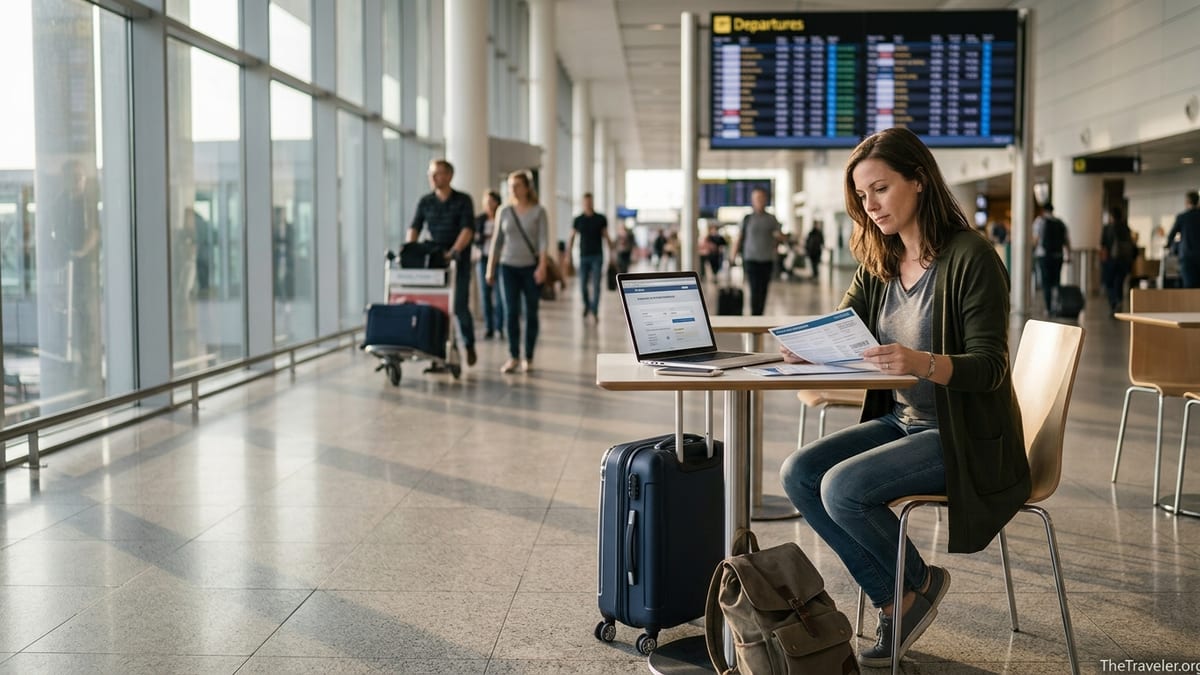 Traveler in an airport reviewing travel insurance documents beside carry-on luggage.