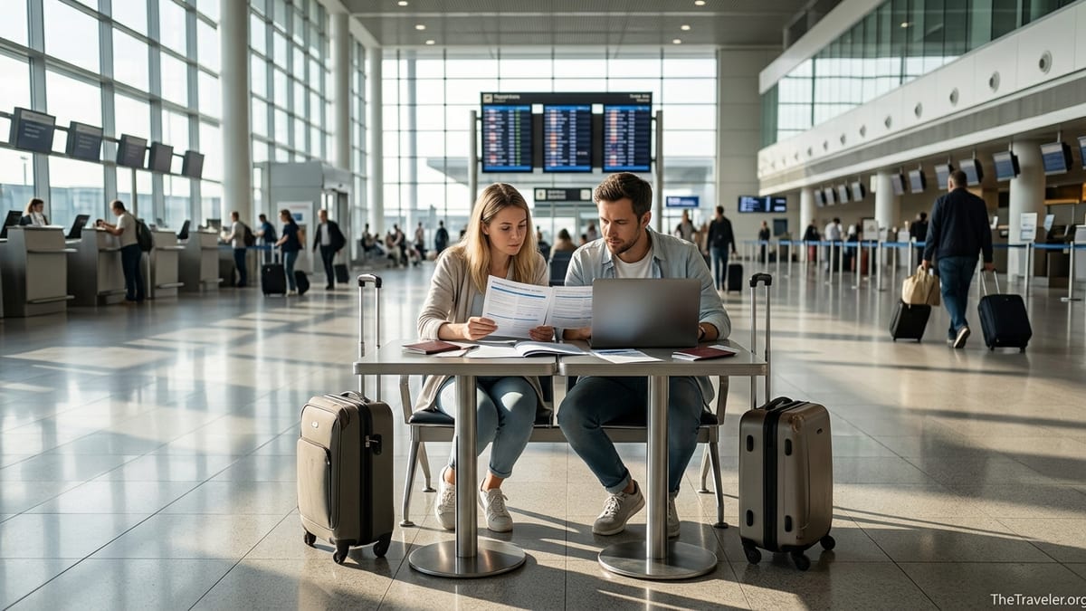 Two travellers compare printed travel insurance policies at a table in a bright airport departure hall.