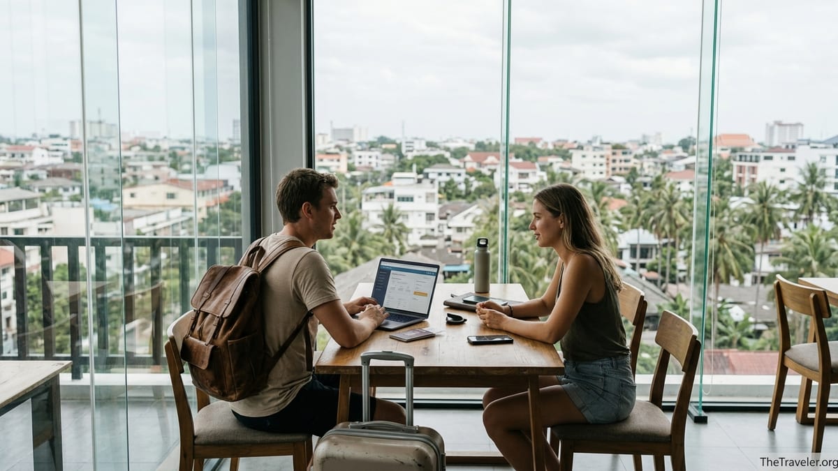 Digital nomads review travel insurance on a laptop in a coworking space.
