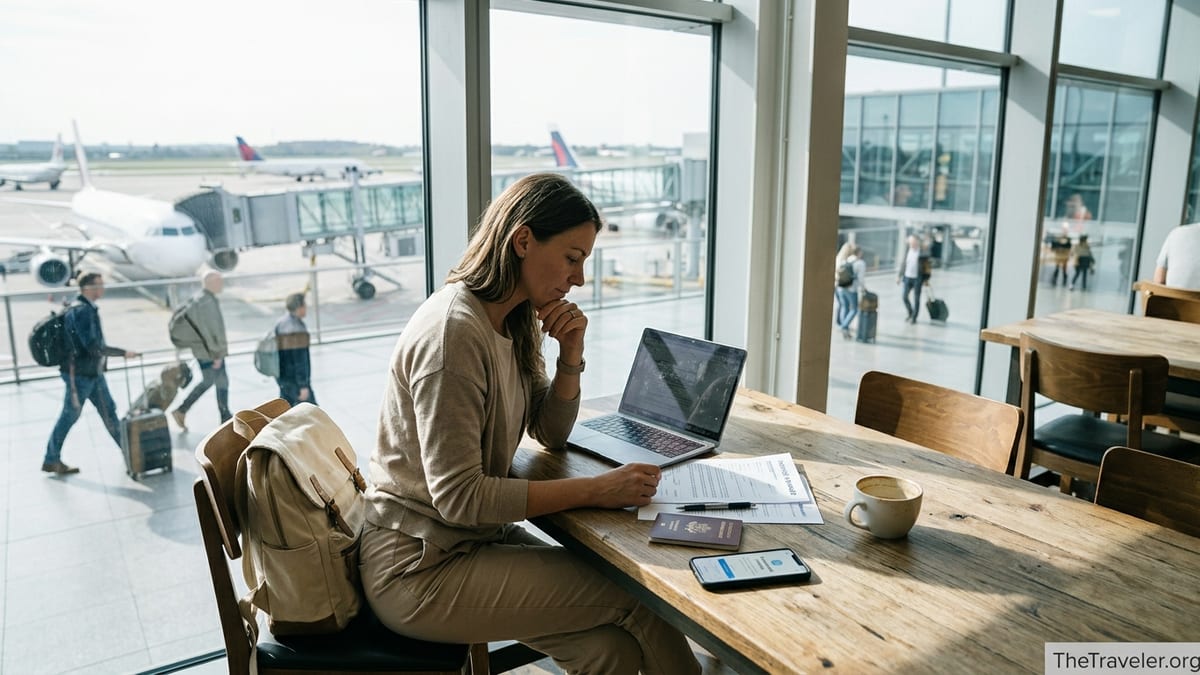 Traveler reviewing Insured Nomads policy at airport co-working space with planes outside.
