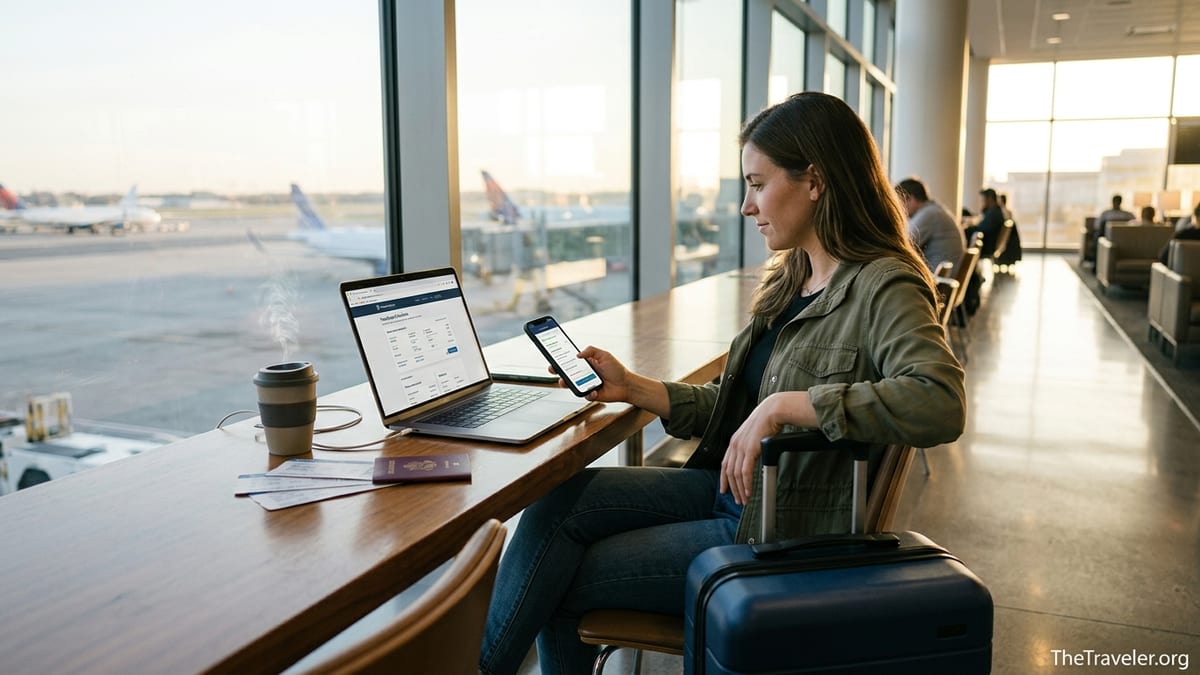 Digital nomad in an airport lounge reviewing travel insurance on a laptop.