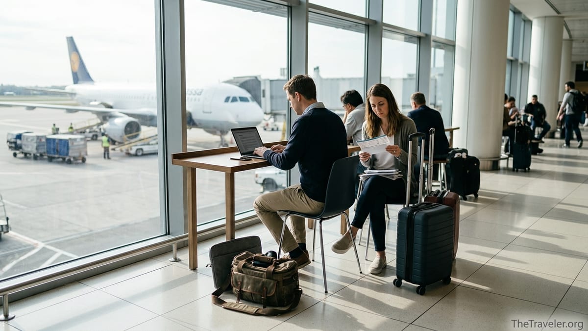 Digital nomad couple at an airport gate reviewing travel insurance on a laptop.