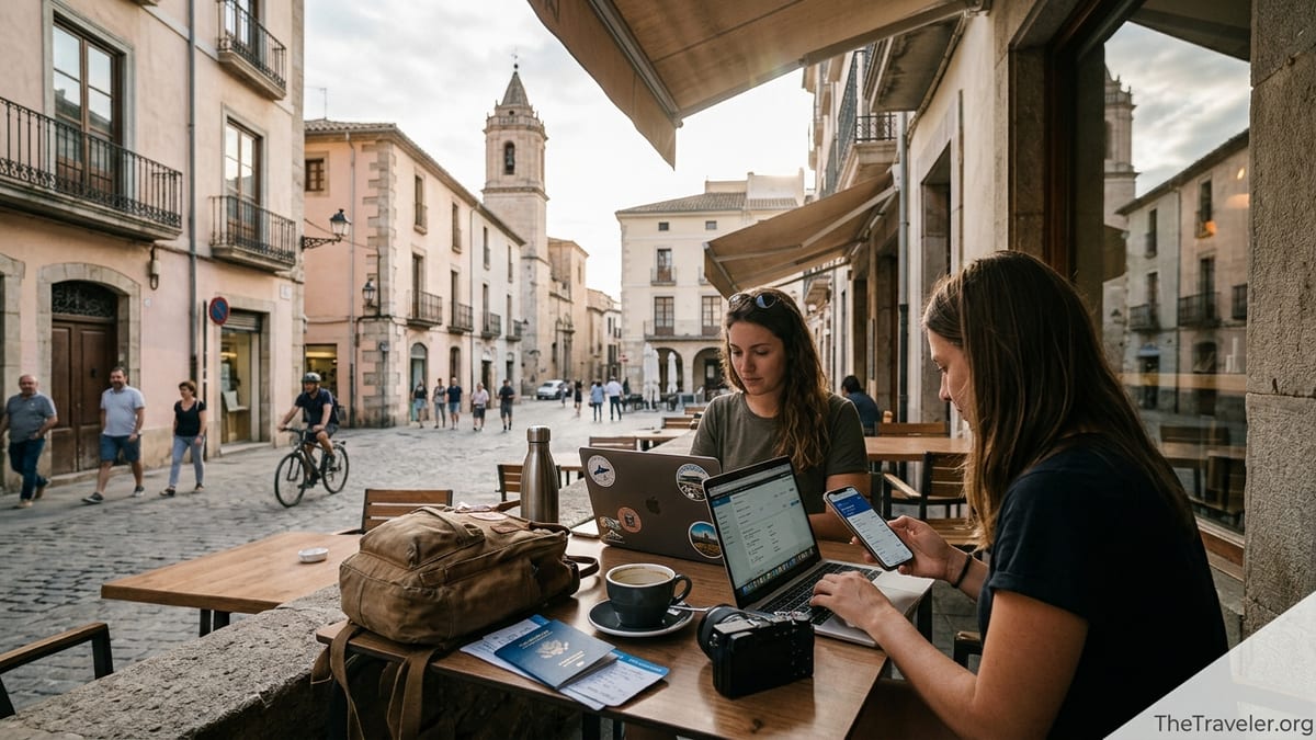 Two digital nomads compare travel insurance documents at an outdoor café in a European city.