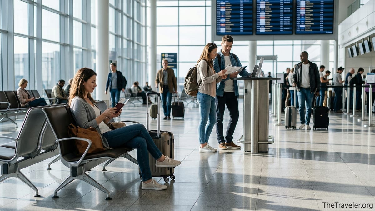 Traveler comparing insurance options on a phone in a busy airport terminal.