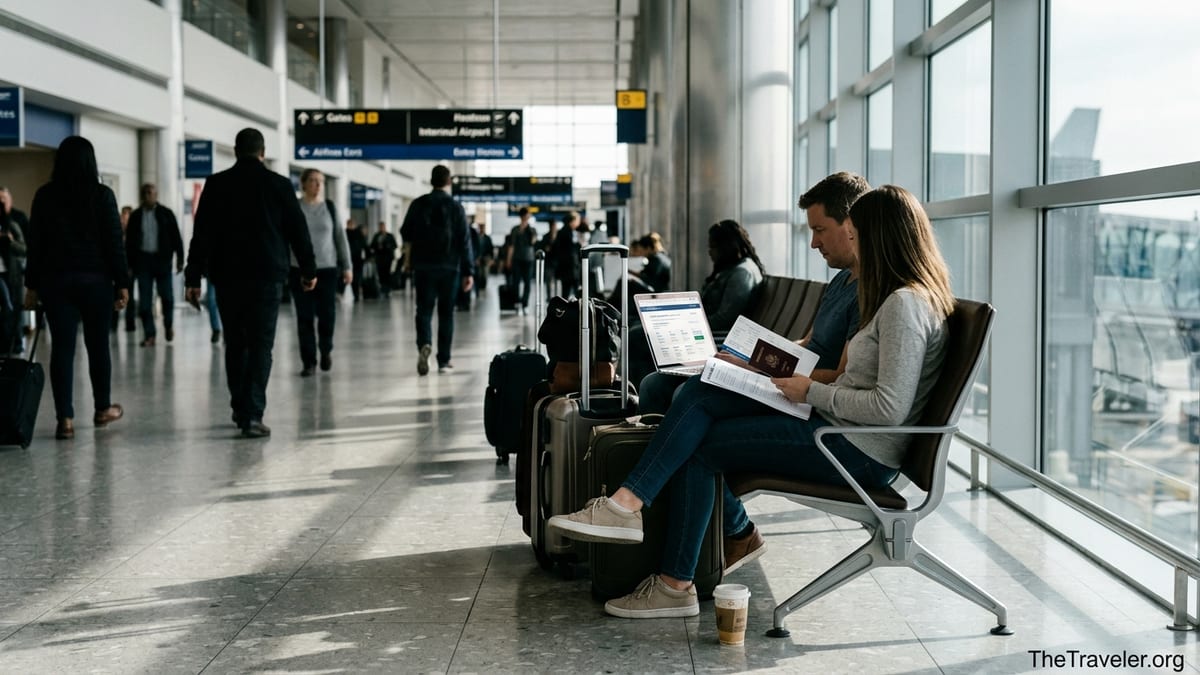 Travelers in an airport reviewing travel insurance on a laptop before departure.