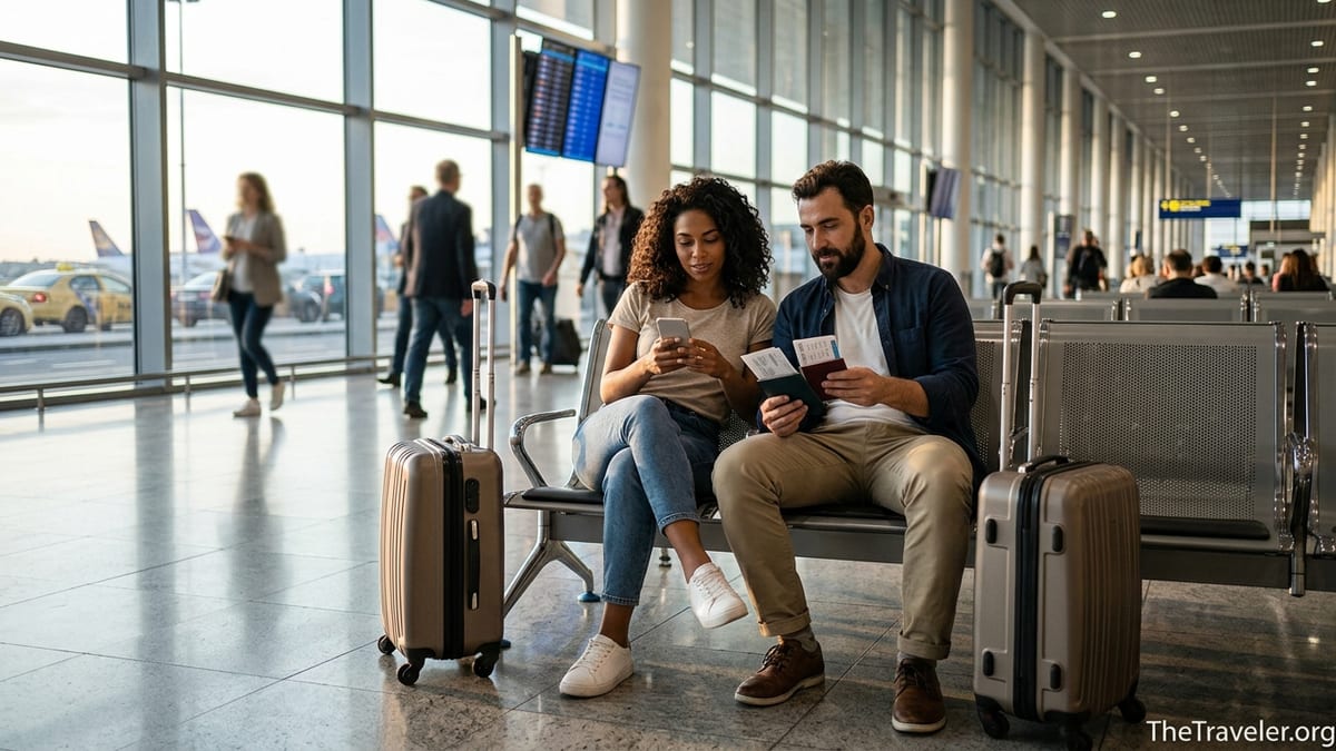 Couple reviewing travel insurance documents at an airport gate with luggage nearby.