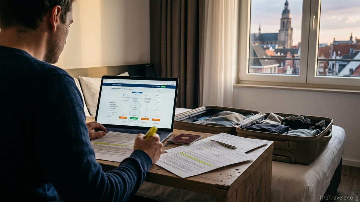 Traveler reviewing InsureMyTrip policy documents and laptop results at a hotel desk before a trip.