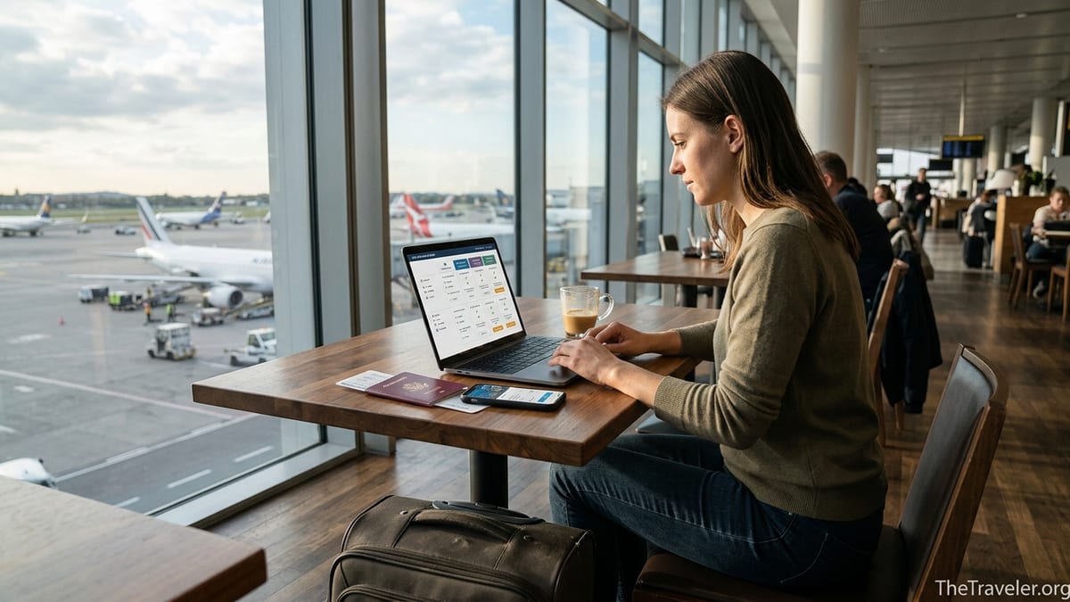 Traveler comparing travel insurance options on a laptop in an airport lounge before a flight.