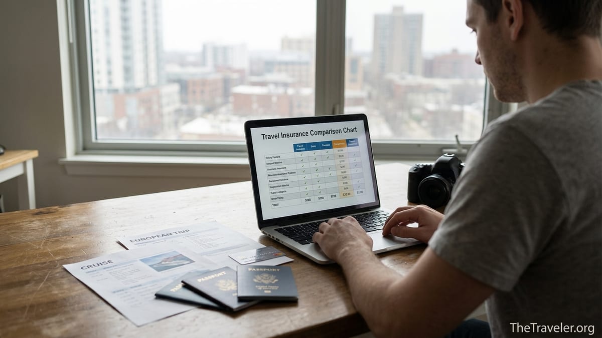 Traveler comparing online travel insurance plans on a laptop at a kitchen table.