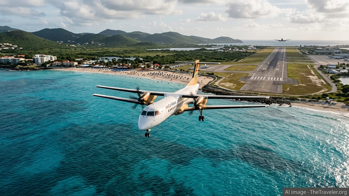 Regional turboprop aircraft approaching St. Maarten over turquoise water with runway and beach in view.