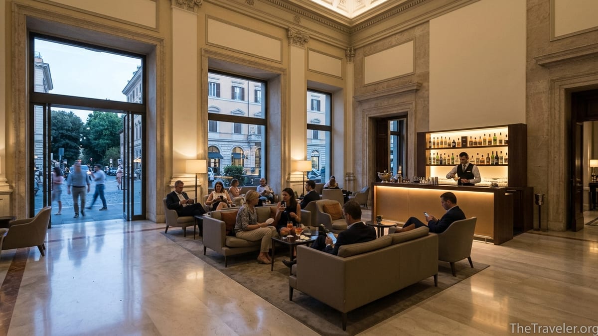 Lobby of InterContinental Rome Ambasciatori Palace with guests relaxing at dusk