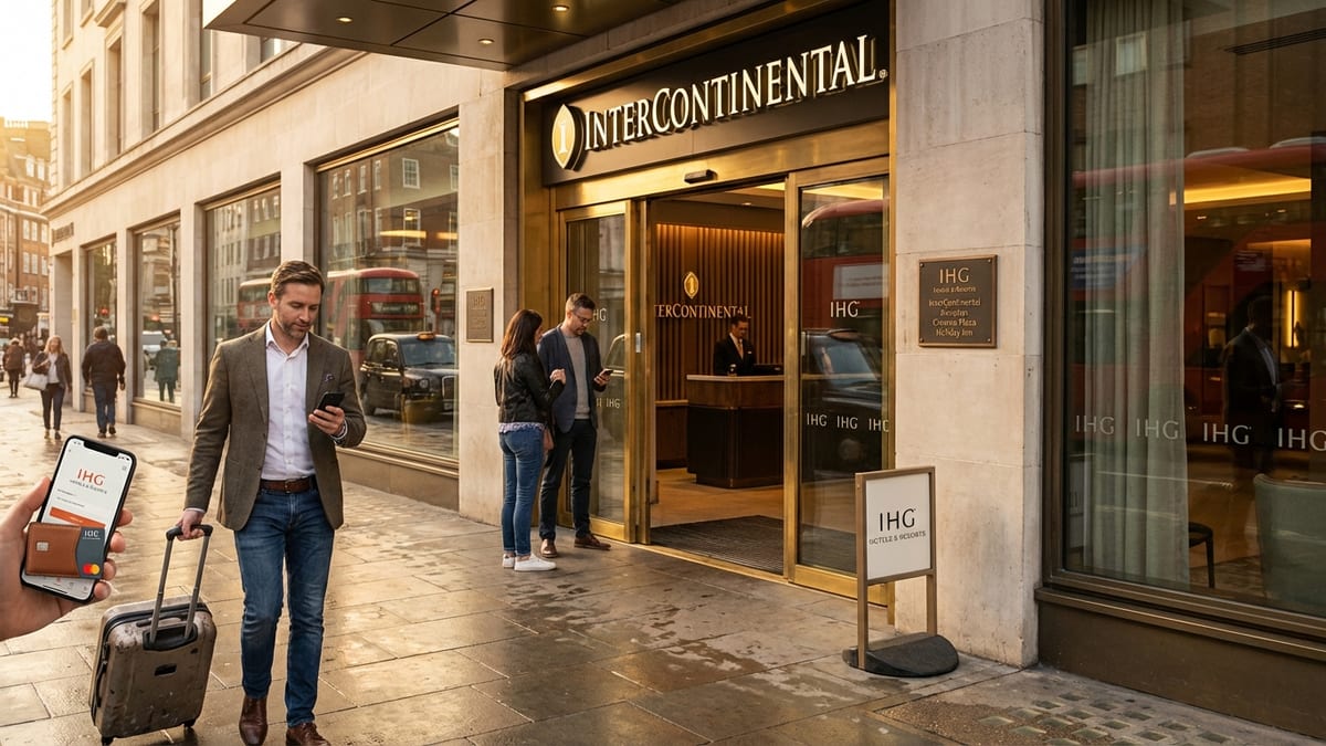 InterContinental hotel entrance with travelers in late afternoon light.