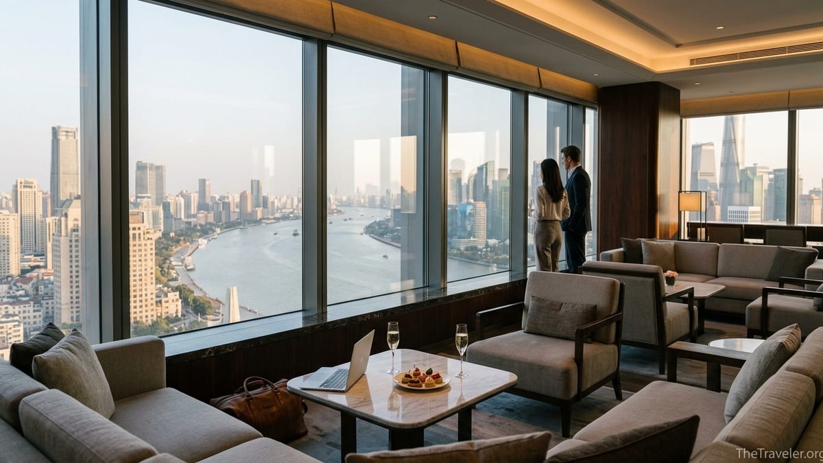 Club lounge at an InterContinental hotel with guests overlooking a city skyline at sunset.