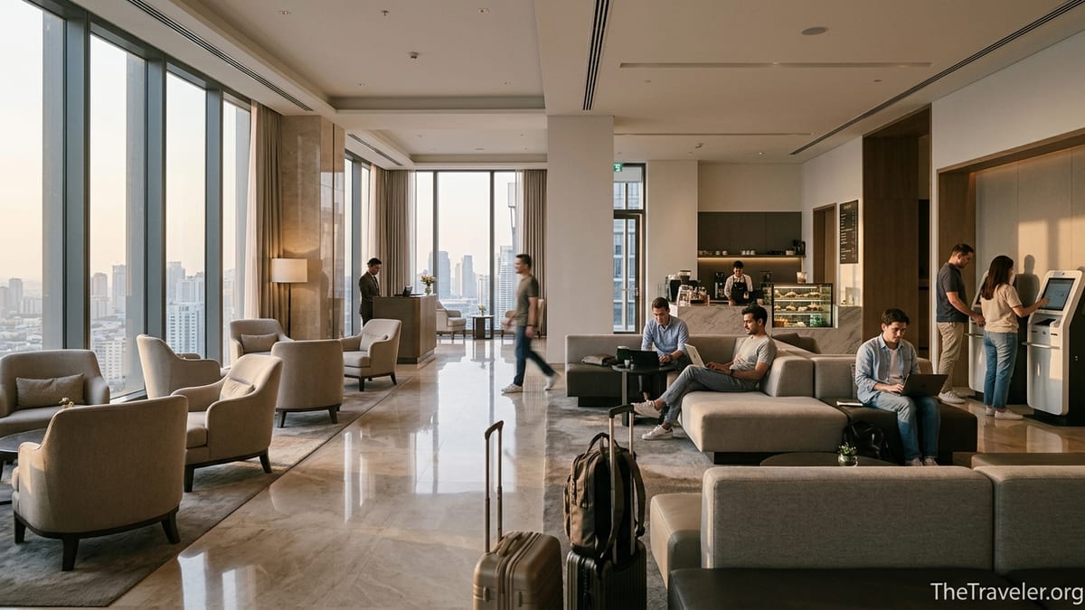 Hotel lobby blending luxury and business styles with travelers checking in