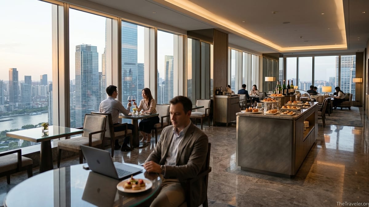 Club InterContinental lounge at sunset with city skyline views and guests relaxing.
