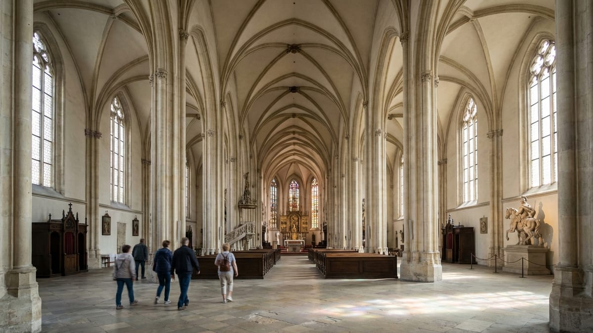 Interior view of St Martin's Cathedral, Bratislava with visitors and natural light.